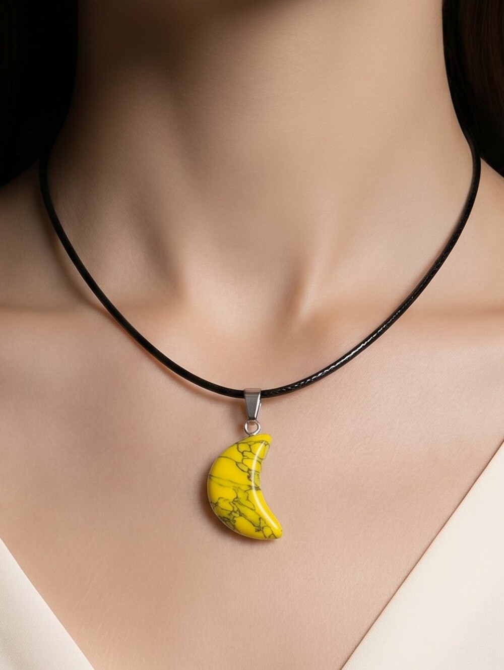 Yellow Howlite Crescent Moon Necklace Sunshine Stone Celestial Boho Pendant